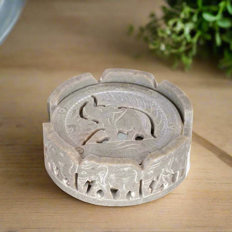 Handcrafted Marble Tea Coaster Set with Peacock Holder